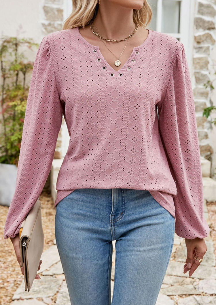 

Blouses Hollow Out Eyelet Long Sleeve Blouse in Pink. Size: L,M,,XL
