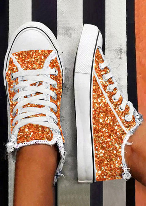 

Sneakers Glitter Frayed Lace Up Round Toe Flat Sneakers in Orange. Size: ,38,39,40,41