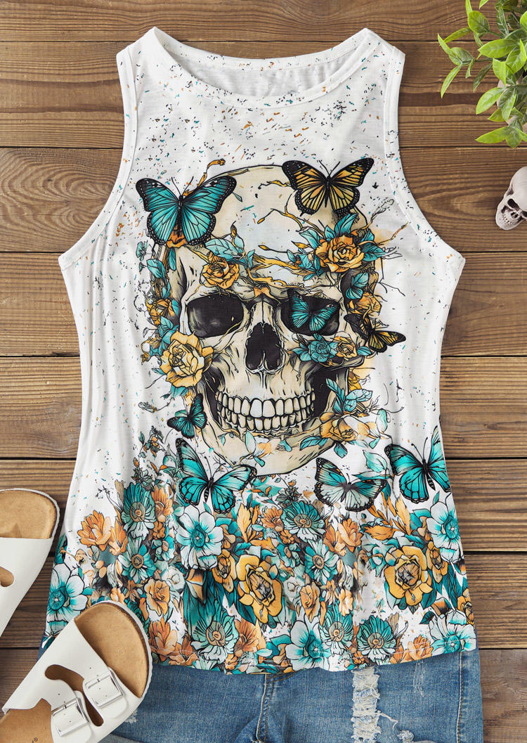 

Tank Tops Rose Butterfly Skull O-Neck Tank Top in White. Size