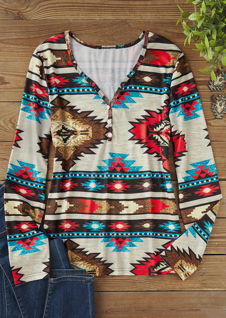 

Blouses Aztec Geometric Button Long Sleeve Blouse in Multicolor. Size