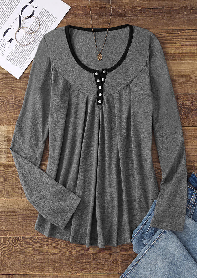 

Blouses Ruffled Button Long Sleeve Blouse in Gray. Size: L,M,,XL