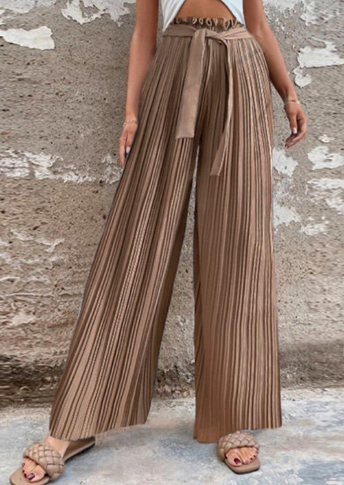 Pleated High Waist Chiffon Wide Leg Pants - Khaki