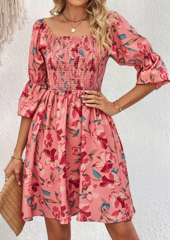 Floral Smocked Ruffled Mini Dress - Pink