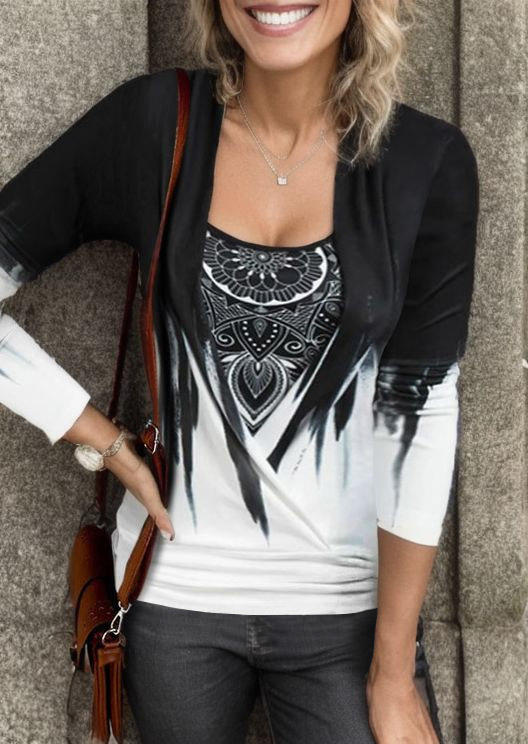 

Blouses Ethnic Gradient Fake Two-Piece Blouse in Black. Size: L,M,,XL