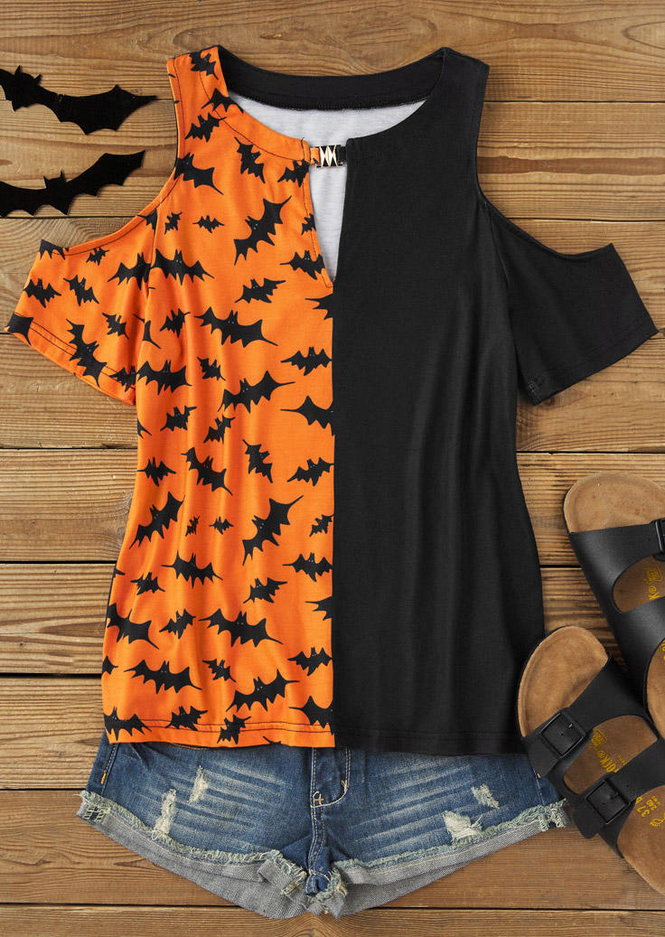 

Blouses Halloween Bat Color Block Hollow Out Blouse in Multicolor. Size: L,M,,XL