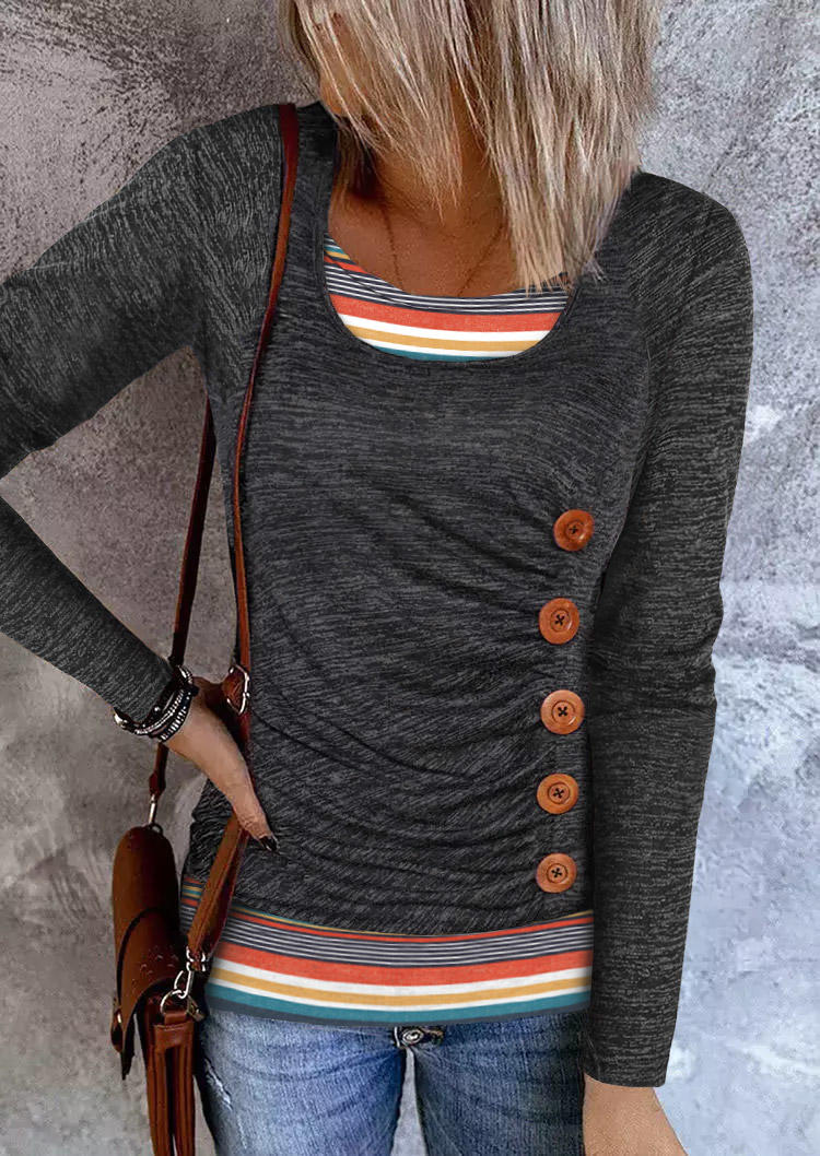 

Blouses Striped Button Ruched Fake Two-Piece Blouse in Gray. Size: L