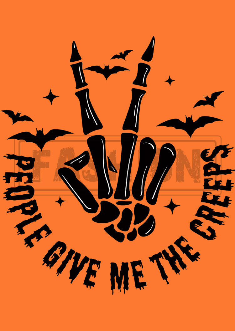 Halloween People Give Me The Creeps Skeleton Hand Bat T-Shirt Tee - Orange