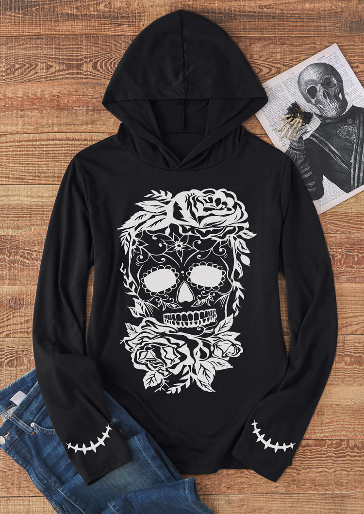 

Hoodies Halloween Skull Floral Thumbhole Hoodie in Black. Size: L,M
