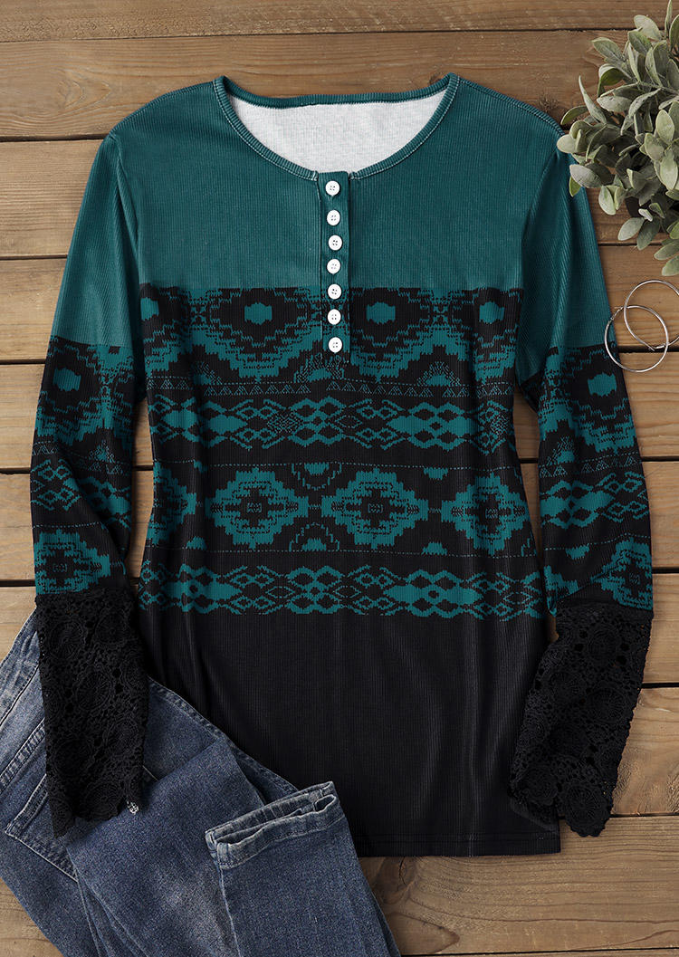 

Blouses Aztec Geometric Lace Button Long Sleeve Blouse in Multicolor. Size: ,XL