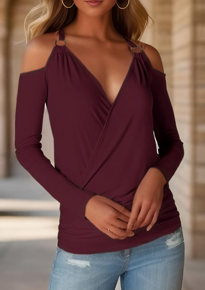 

Blouses Plain Wrap Elegant Cold Shoulder Blouse - Burgundy in Red. Size: L,M,,XL