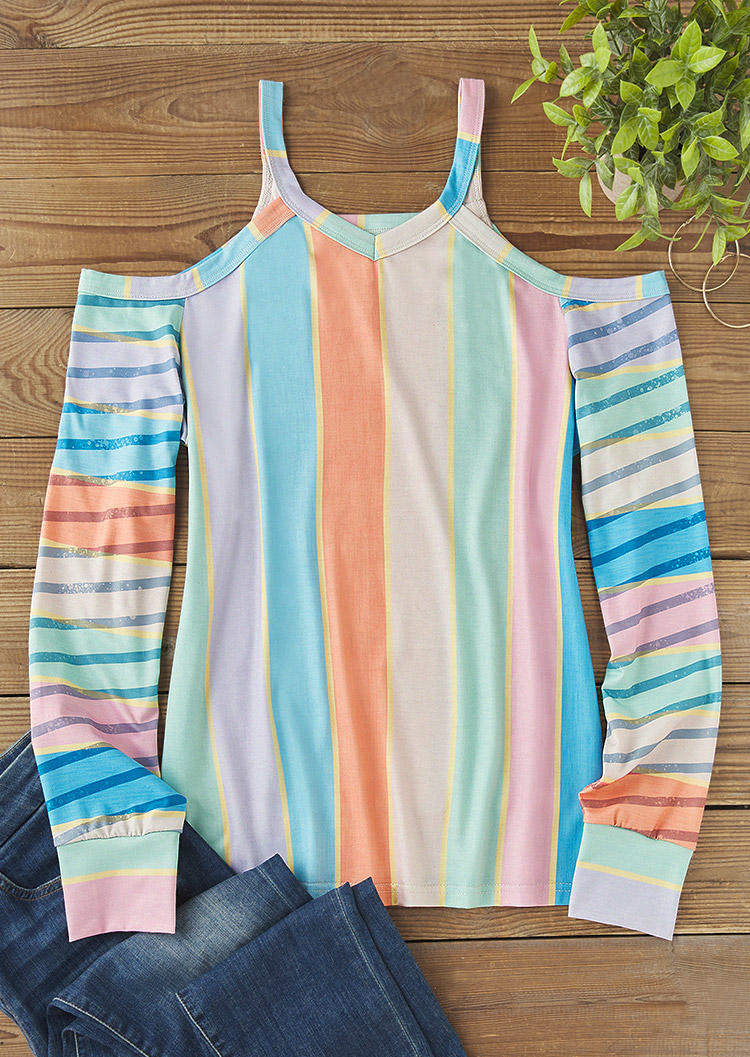 

Blouses Colorful Striped Cold Shoulder Long Sleeve Blouse in Multicolor. Size: L,M