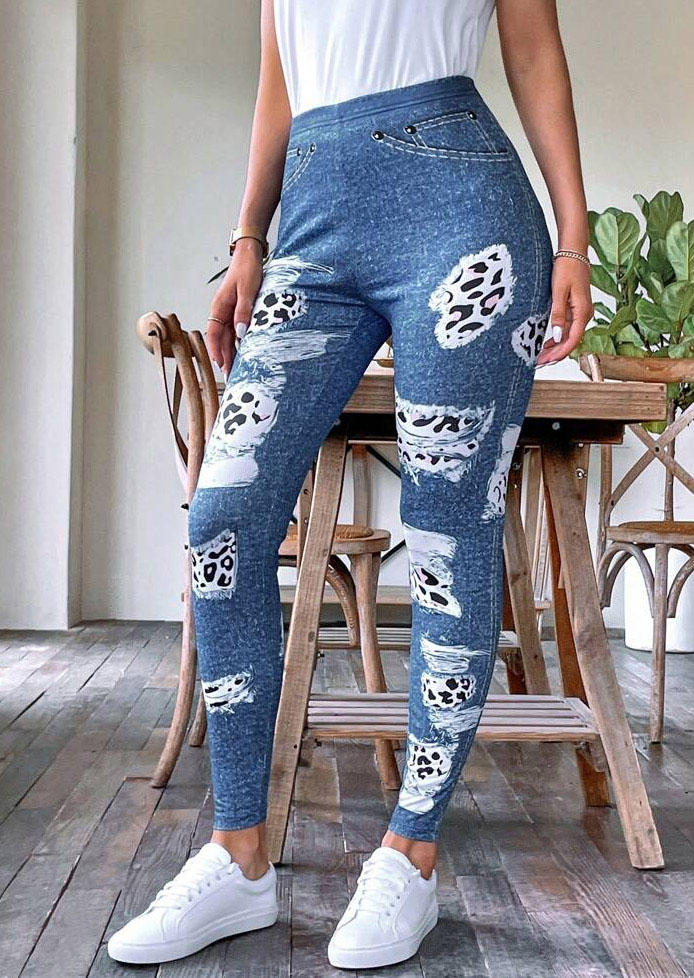 Leopard Fake Pocket Elastic Waist Skinny Leggings - Blue