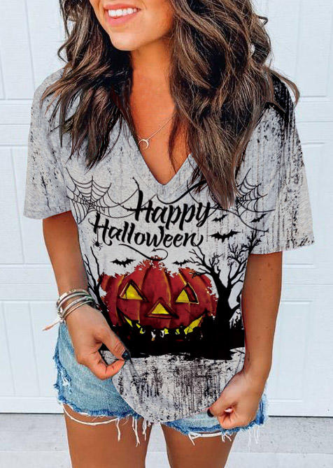 

T-shirts Tees Happy Halloween Pumpkin Face V-Neck T-Shirt Tee in Multicolor. Size: L,M,,XL