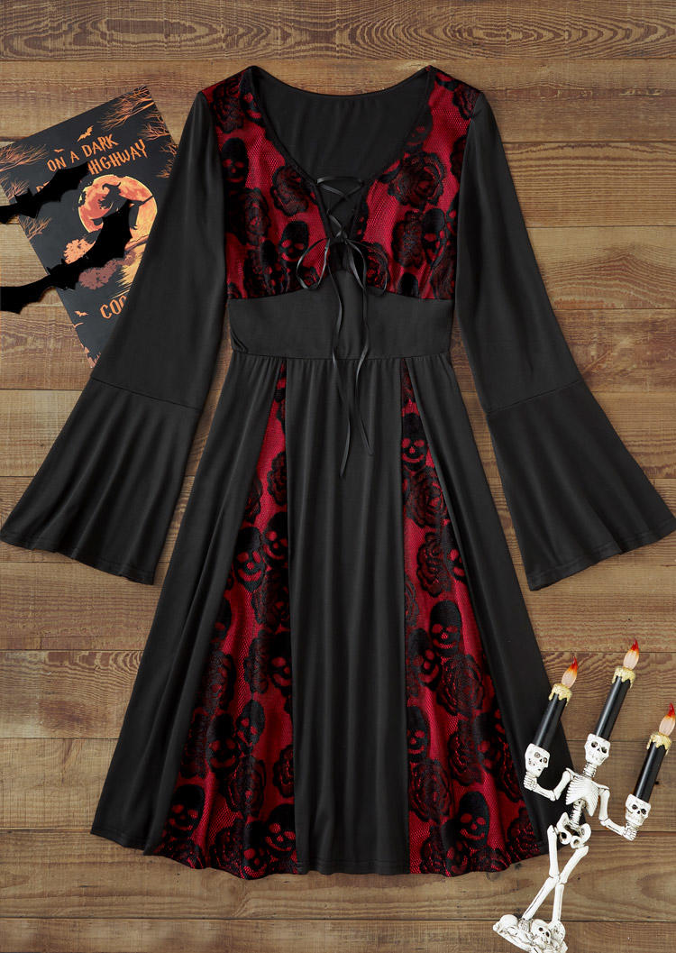 

Mini Dresses Halloween Rose Skull Lace Up Mini Dress in Black. Size: L,M,,XL