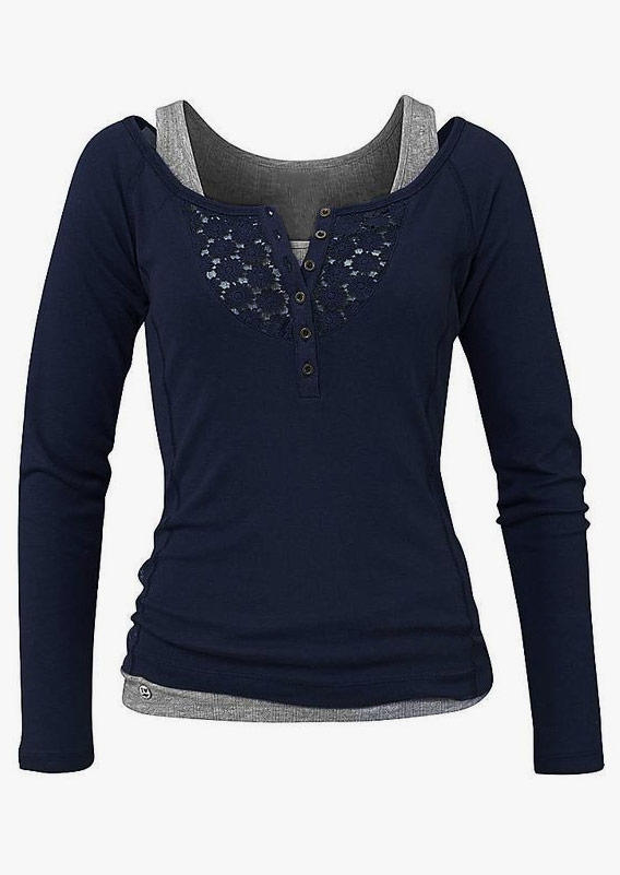 

Blouses Lace Splicing Long Sleeve Fake Two-Piece Blouse - Deep Blue in Blue. Size: L,M,,XL