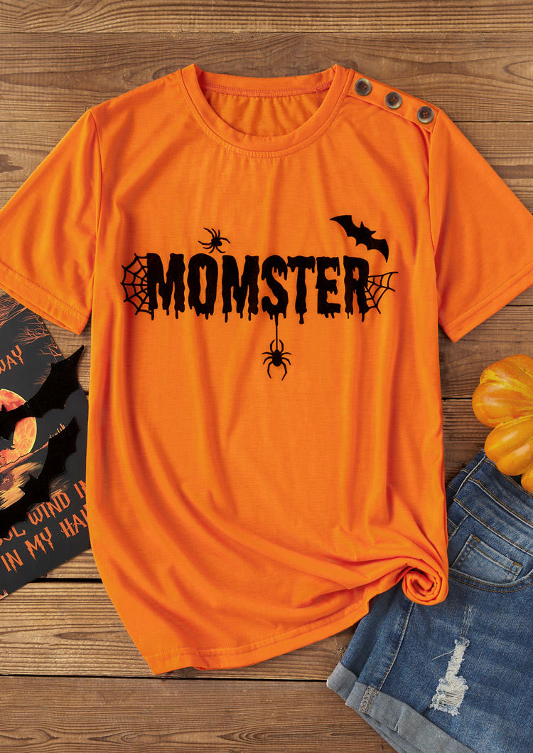 

T-shirts Tees Halloween Momster Bat Spider Button T-Shirt Tee in Orange. Size: L,M