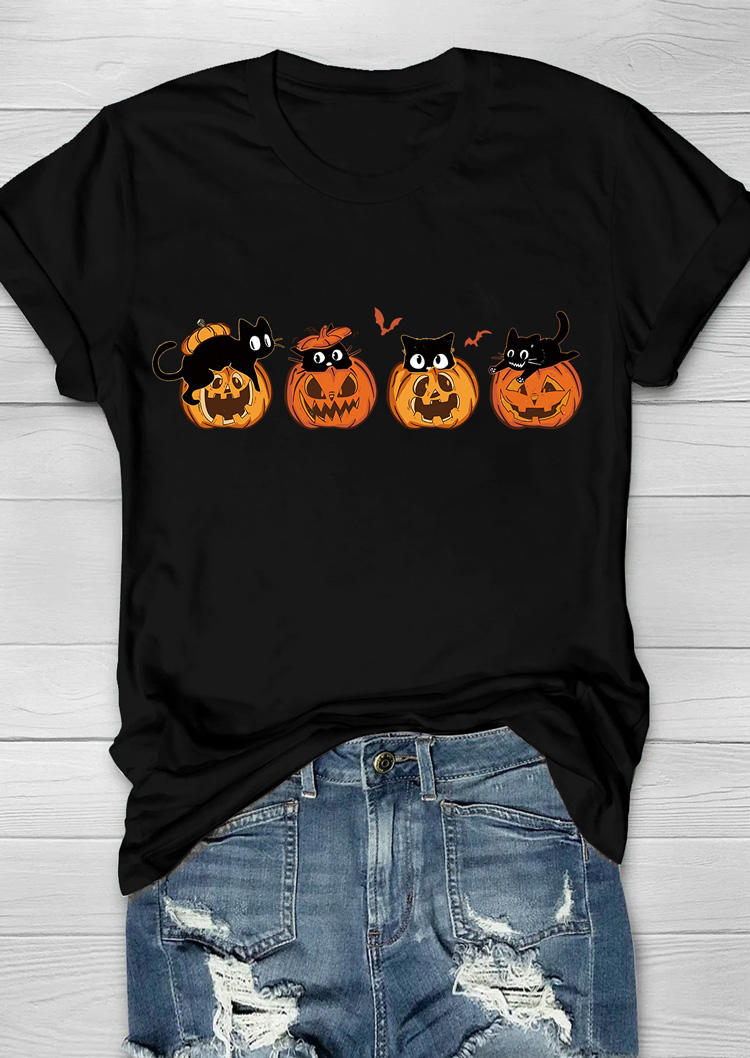 

T-shirts Tees Halloween Pumpkin Face Cat T-Shirt Tee in Black. Size