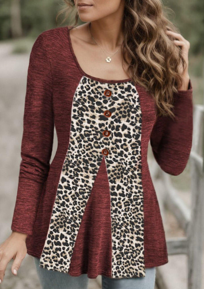 

Blouses Leopard Button Long Sleeve Blouse in Multicolor. Size: L,M,,XL