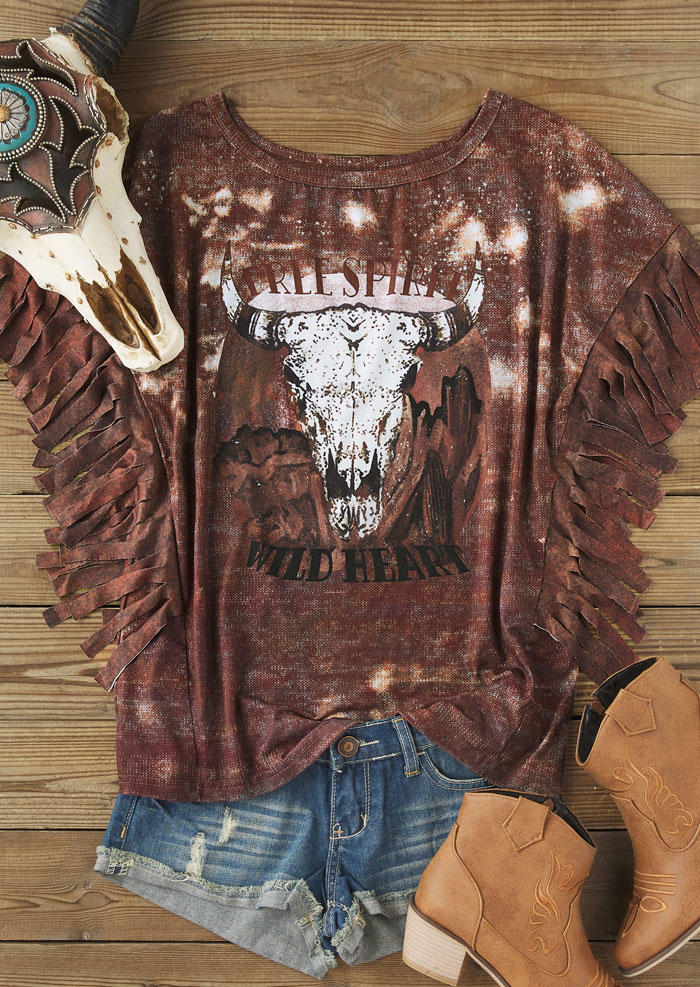 

Blouses Tie Dye Steer Skull Tassel Blouse in Multicolor. Size: L,M,,XL