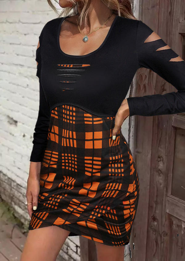 Plaid Cut Out Wrap Bodycon Dress - Orange