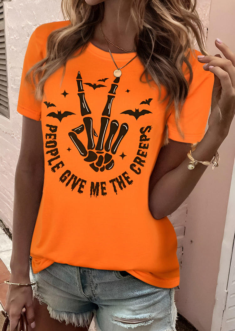

T-shirts Tees Halloween People Give Me The Creeps Skeleton Hand Bat T-Shirt Tee in Orange. Size: L,M,,XL