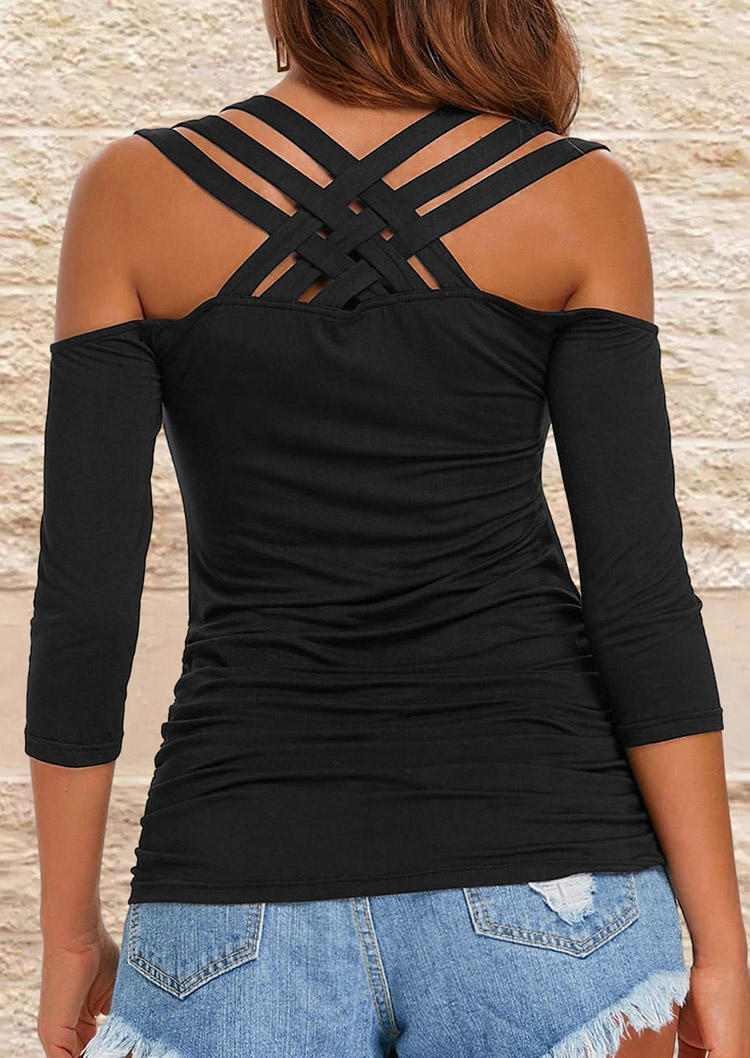 

Blouses Criss-Cross Hollow Out Cold Shoulder Blouse in Black. Size: L,M,,XL