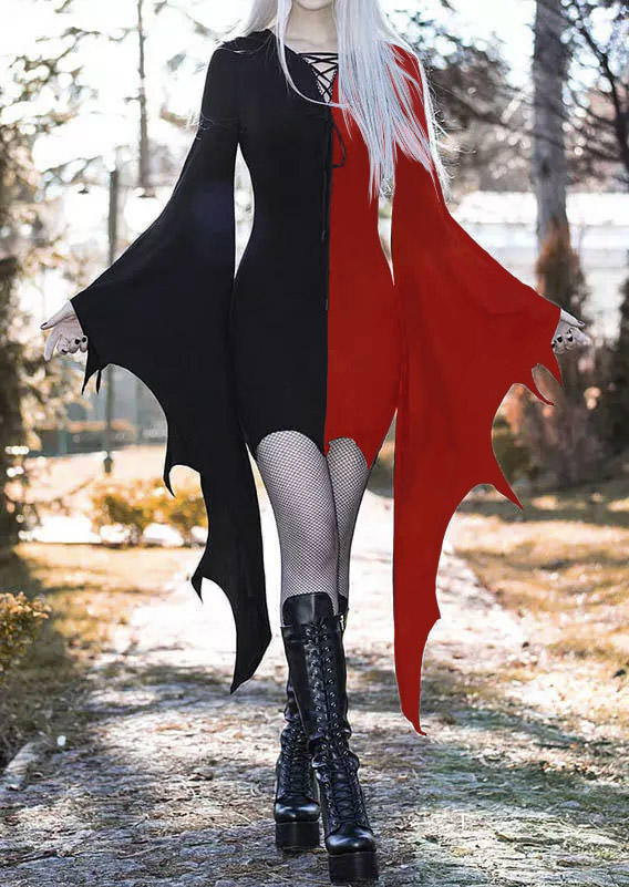 Halloween Color Block Lace Up Batwing Sleeve Bodycon Dress