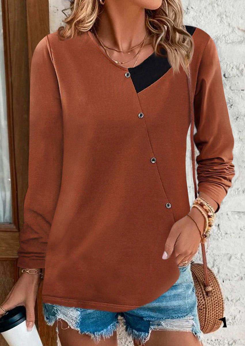 

Blouses Button Splicing Long Sleeve Blouse - Coffee in Brown. Size: ,XL