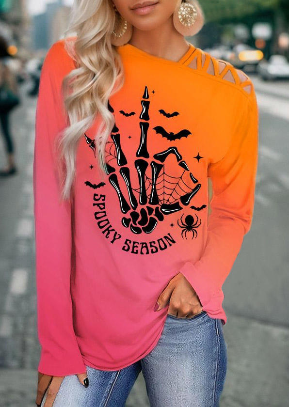 

Blouses Halloween Spooky Season Bat Spider Skeleton Hand Gradient Blouse in Multicolor. Size: L,M,,XL