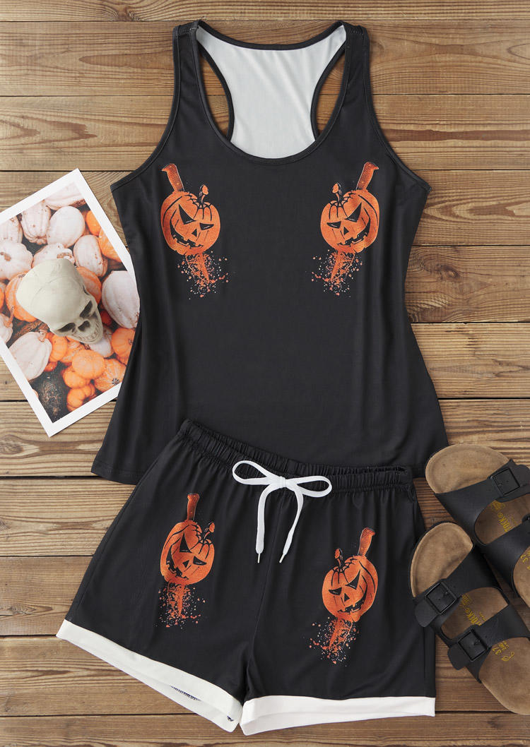 

Sleepwear Halloween Pumpkin Face Racerback Tank And Shorts Pajamas Set in Black. Size