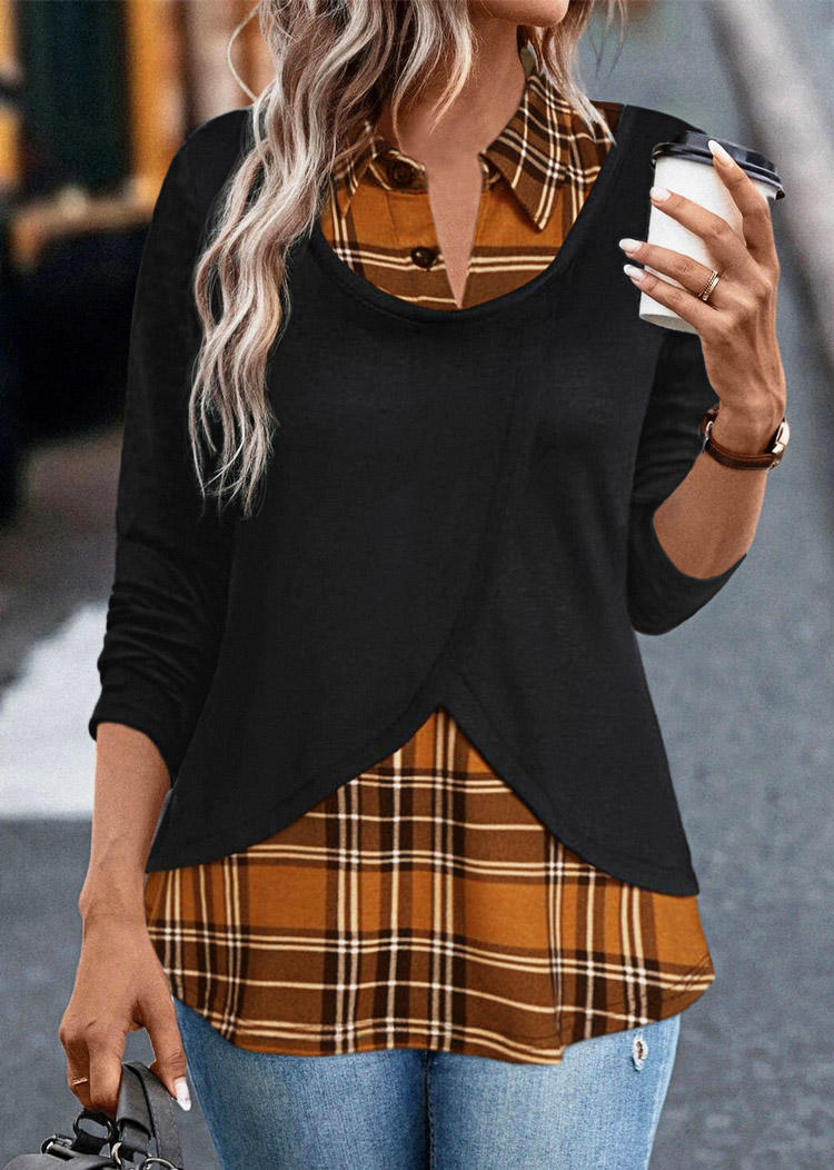 

Blouses Plaid Button Turn-Down Collar Fake Two-Piece Blouse in Black. Size: L,M