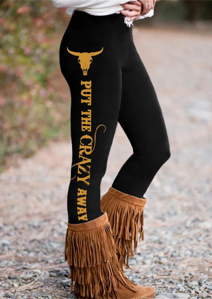 Put The Crazy Away Steer Skull Elastic Waist Leggings - Black