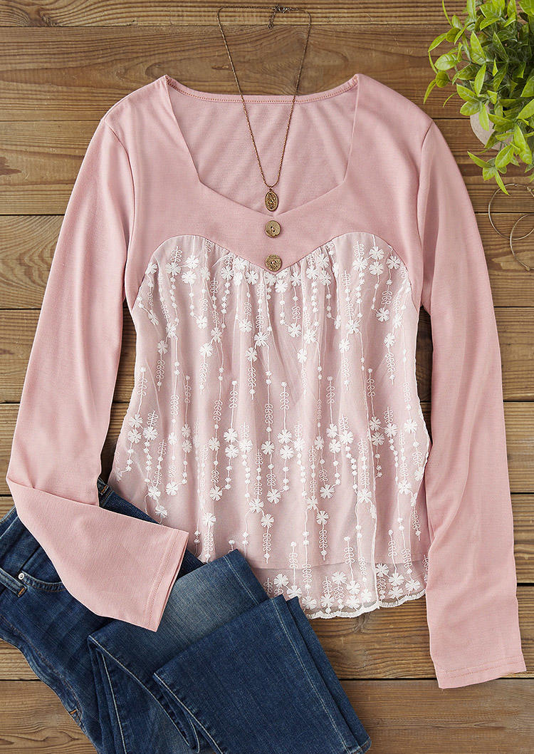 

Blouses Lace Splicing Button Square Collar Blouse in Pink. Size: L,M,,XL