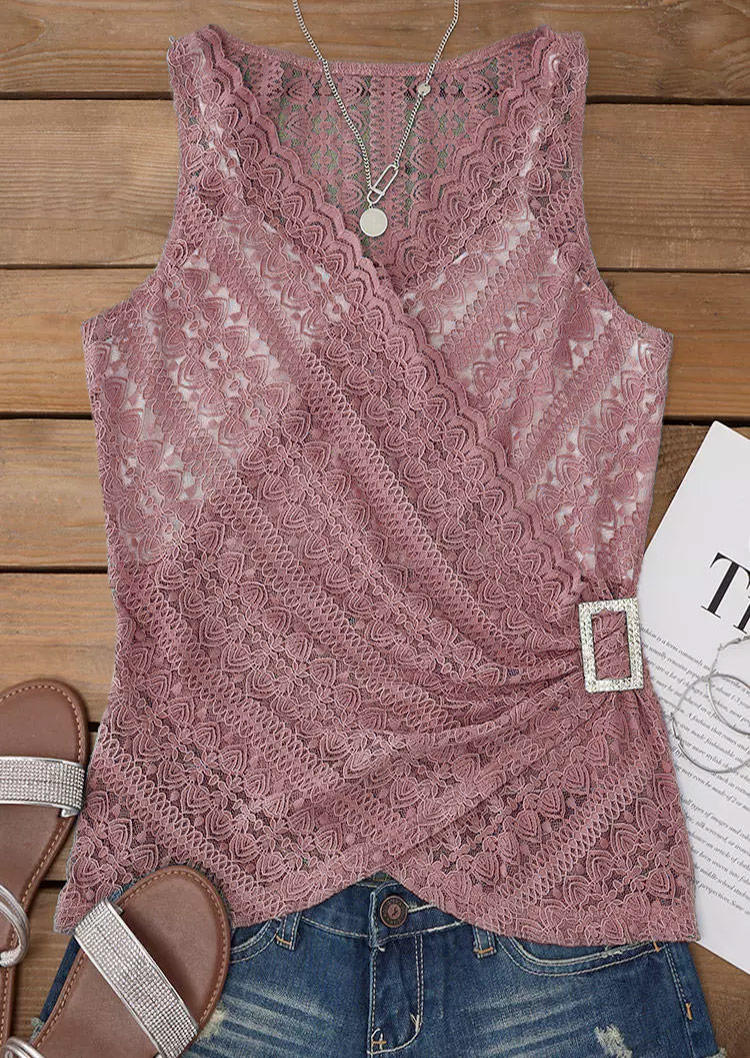 

Tank Tops Lace Wrap Fake Two-Piece Tank Top in Pink. Size