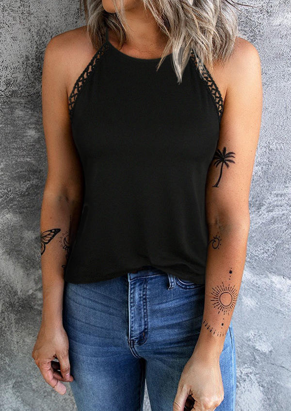 

Tank Tops Lace Splicing Criss-Cross Hollow Out Halter Camisole in Black. Size