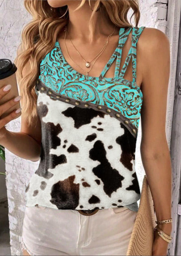 

Tank Tops Cow Abstract Graphic Criss-Cross Hollow Out Tank Top in Multicolor. Size