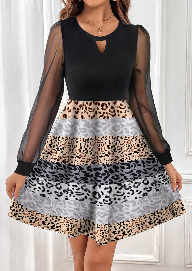 Leopard Hollow Out Mesh Splicing Mini Dress