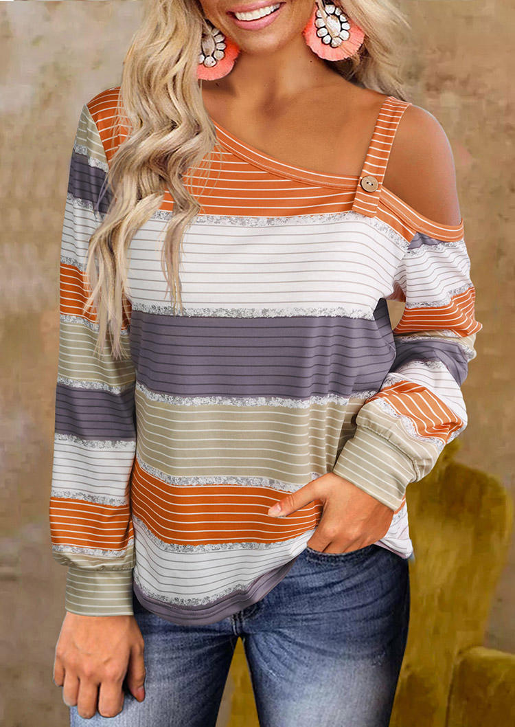 

Blouses Striped Color Block One Sided Cold Shoulder Blouse in Multicolor. Size: L,M,,XL