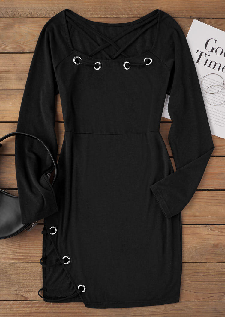 

Bodycon Dresses Criss-Cross Eyelet Long Sleeve Bodycon Dress in Black. Size: L,M,,XL