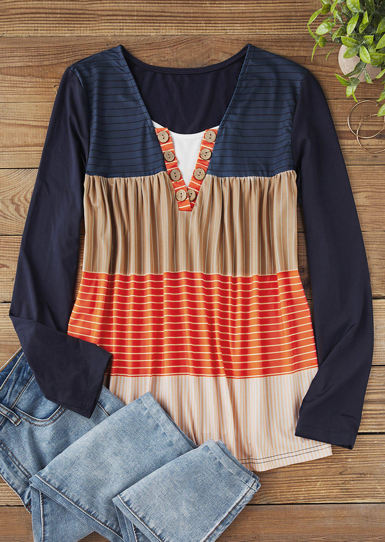 

Blouses Striped Color Block Fake Two-Piece Blouse in Multicolor. Size: L,M