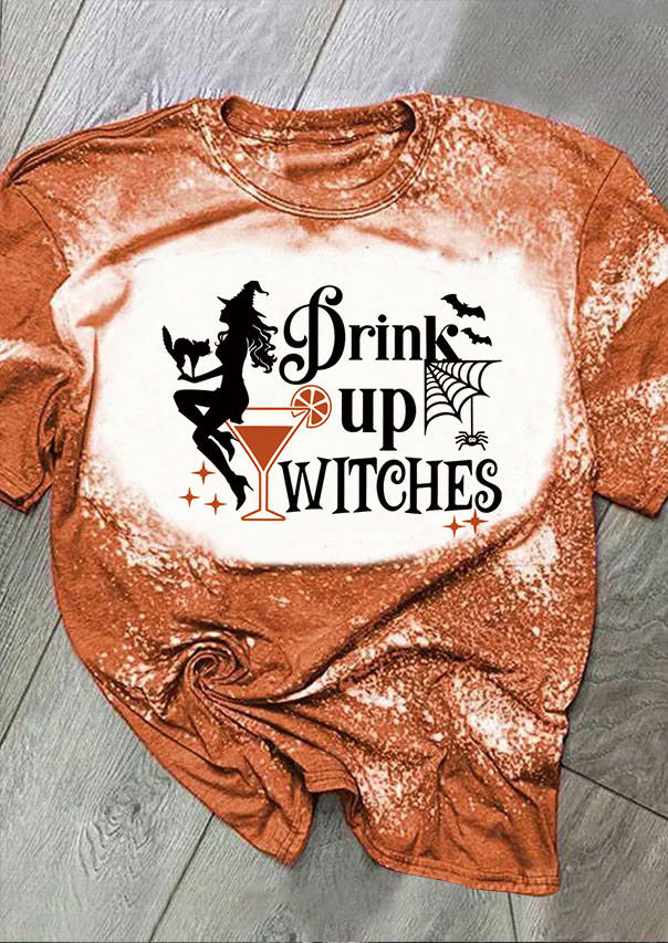 Halloween Drink Up Witches Bleached T-Shirt Tee - Orange