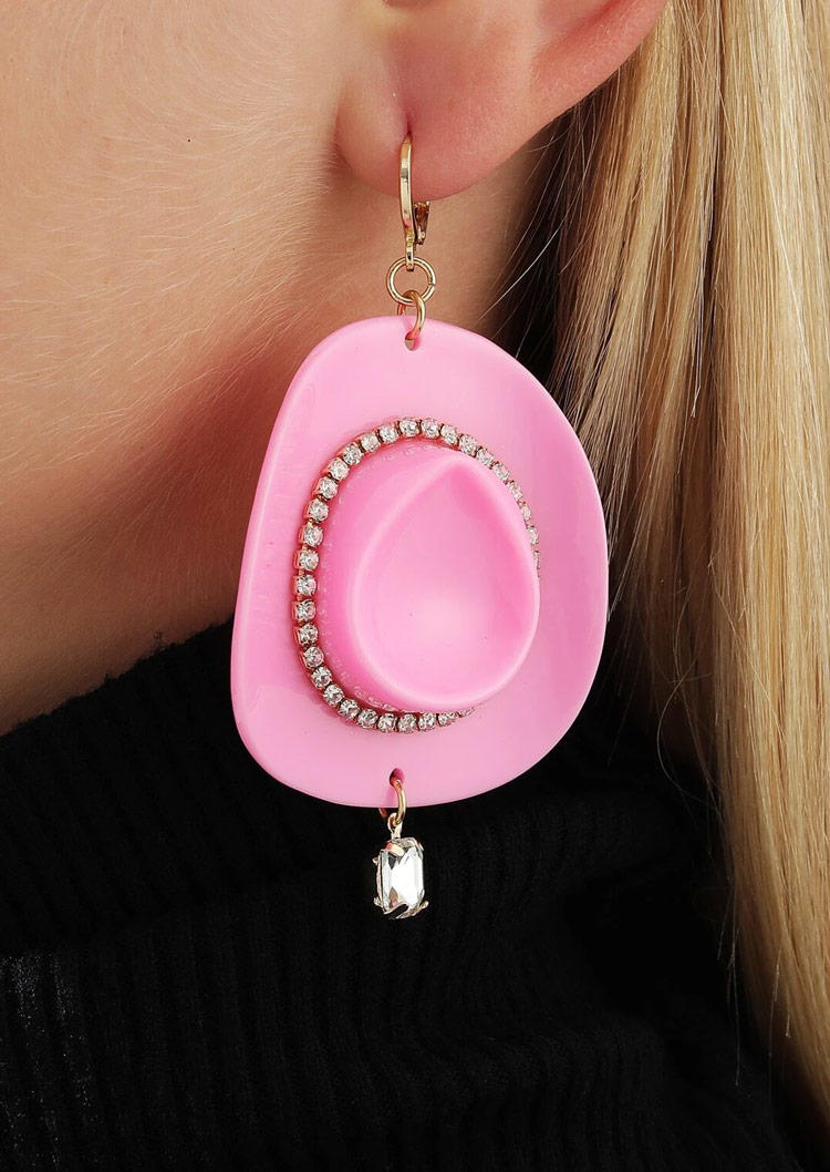 Earrings Rhinestone Hat Cowgirl Earrings in Pink. Size