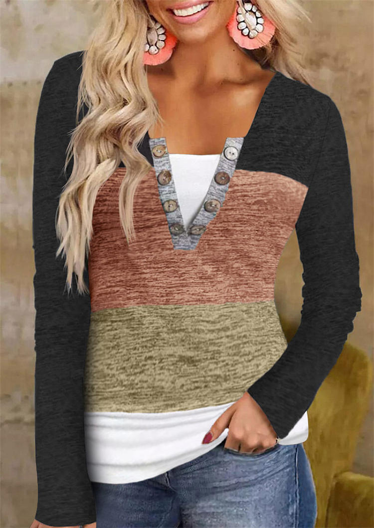 Color Block Button Fake Two-Piece Blouse