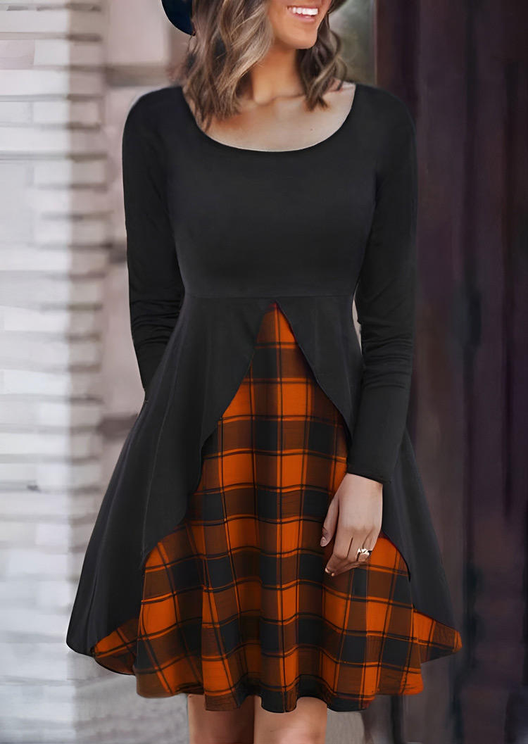 Plaid Long Sleeve Mini Dress - Black