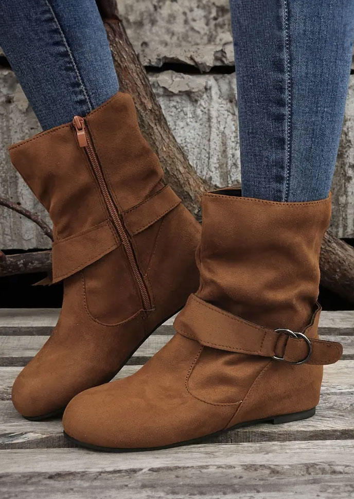 Zipper Buckle Strap Round Toe Boots - Brown