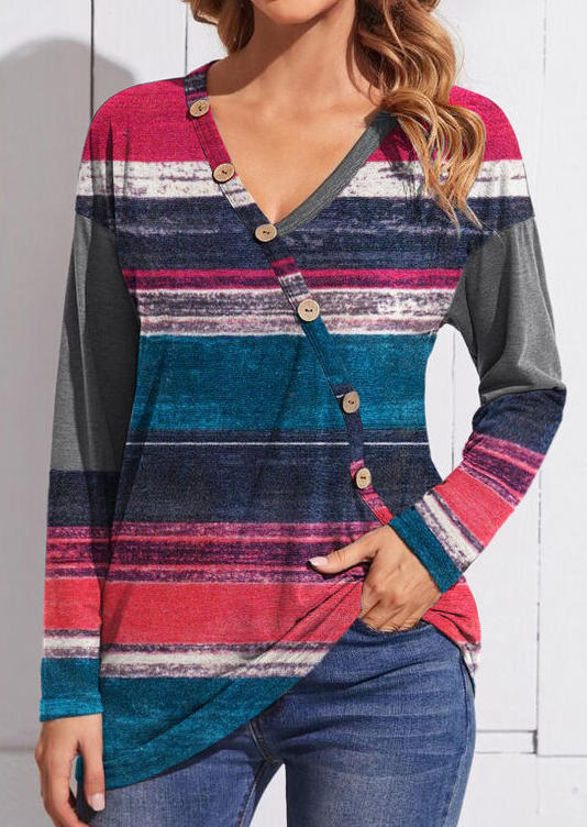 

Blouses Color Block Striped Button V-Neck Blouse in Multicolor. Size