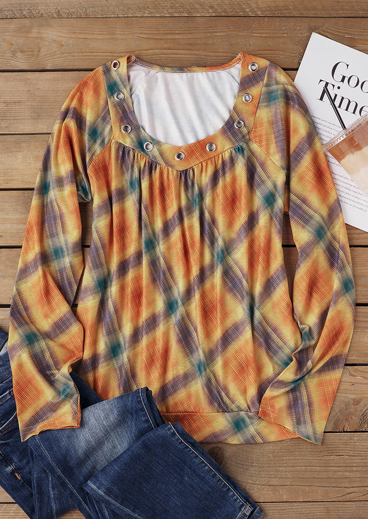 

Blouses Plaid Ruffled Eyelet Long Sleeve Blouse in Multicolor. Size: L,M,,XL