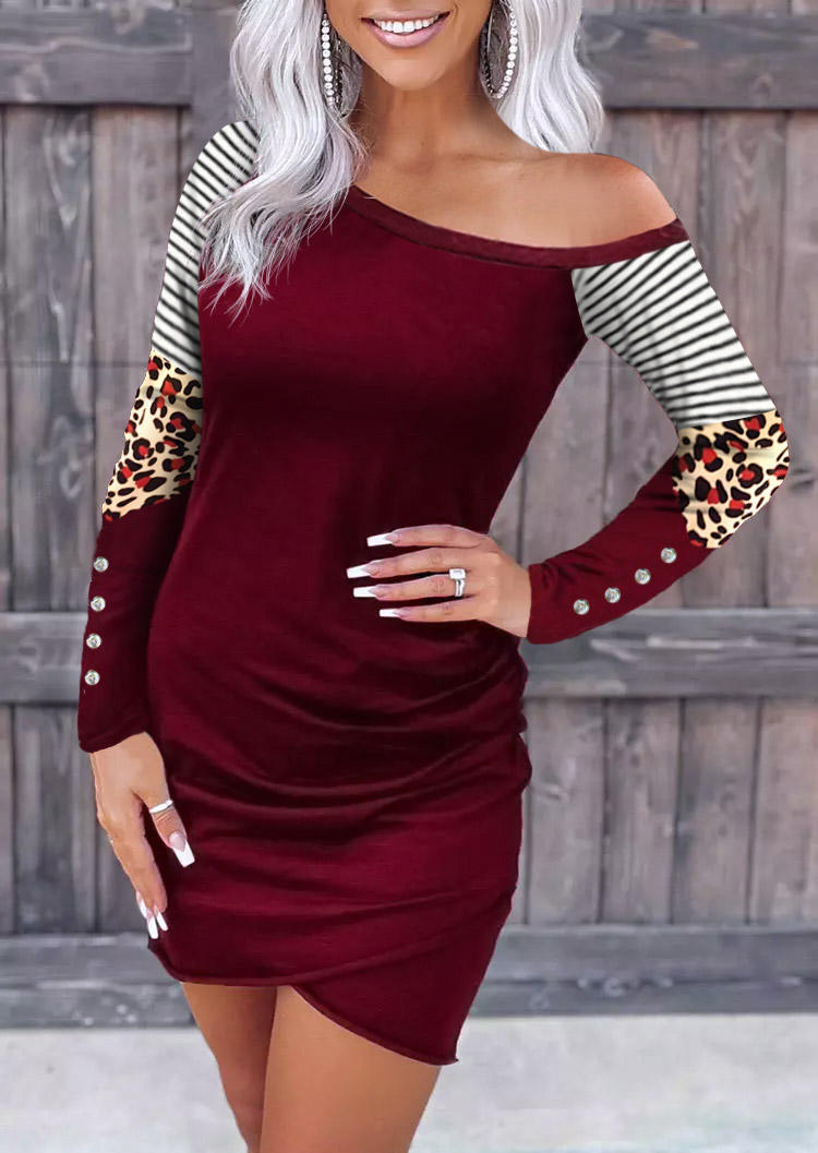 Leopard Striped Wrap Button One Sided Cold Shoulder Bodycon Dress