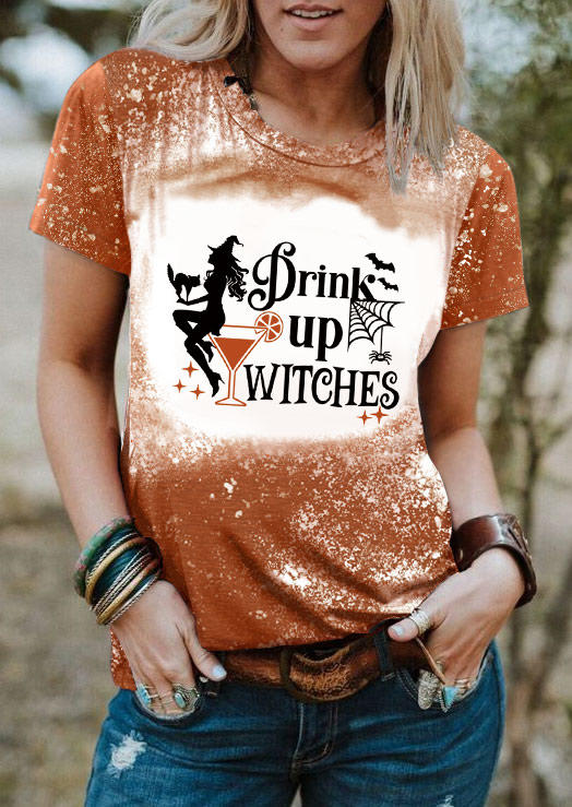 

T-shirts Tees Halloween Drink Up Witches Bleached T-Shirt Tee in Orange. Size: L,M