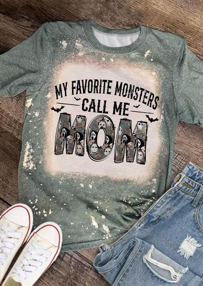 

T-shirts Tees Halloween My Favorite Monsters Call Me Mom Bleached T-Shirt Tee - Army Green in Green. Size: L,M,,XL